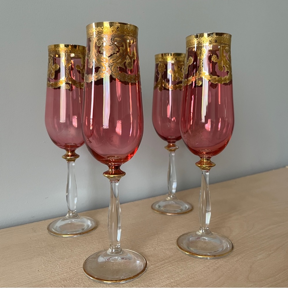 Vintage italica Pink Gold Trim Champagne Glasses  Flutes. Hand Made, Italy